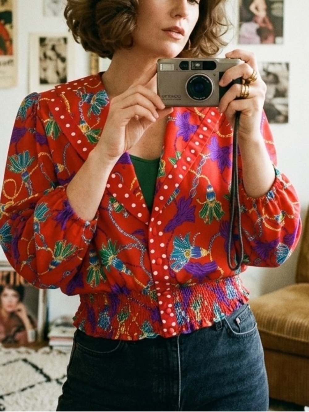 Vintage Woman's Blouse Top L Cropped Festive I. Magnin Bohemian Retro Chic